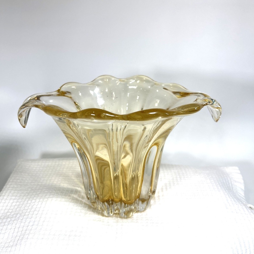 Murano Mid-Century Glass Waterfall Vase Pale Amber Yellow MCM